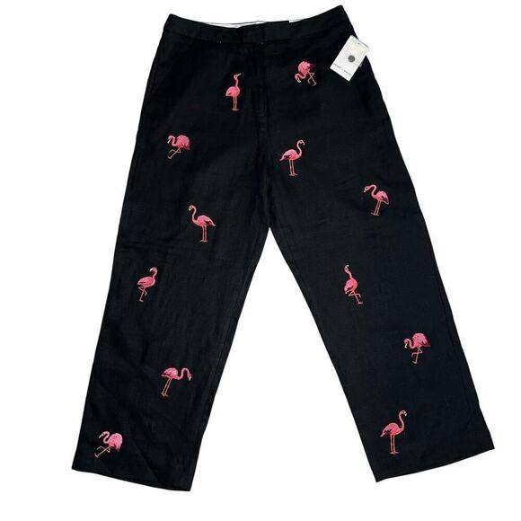 Deane & White 100% Linen Crop Black Pink Flamingo Embroidered Pants NWT Size 10 - Picture 1 of 8